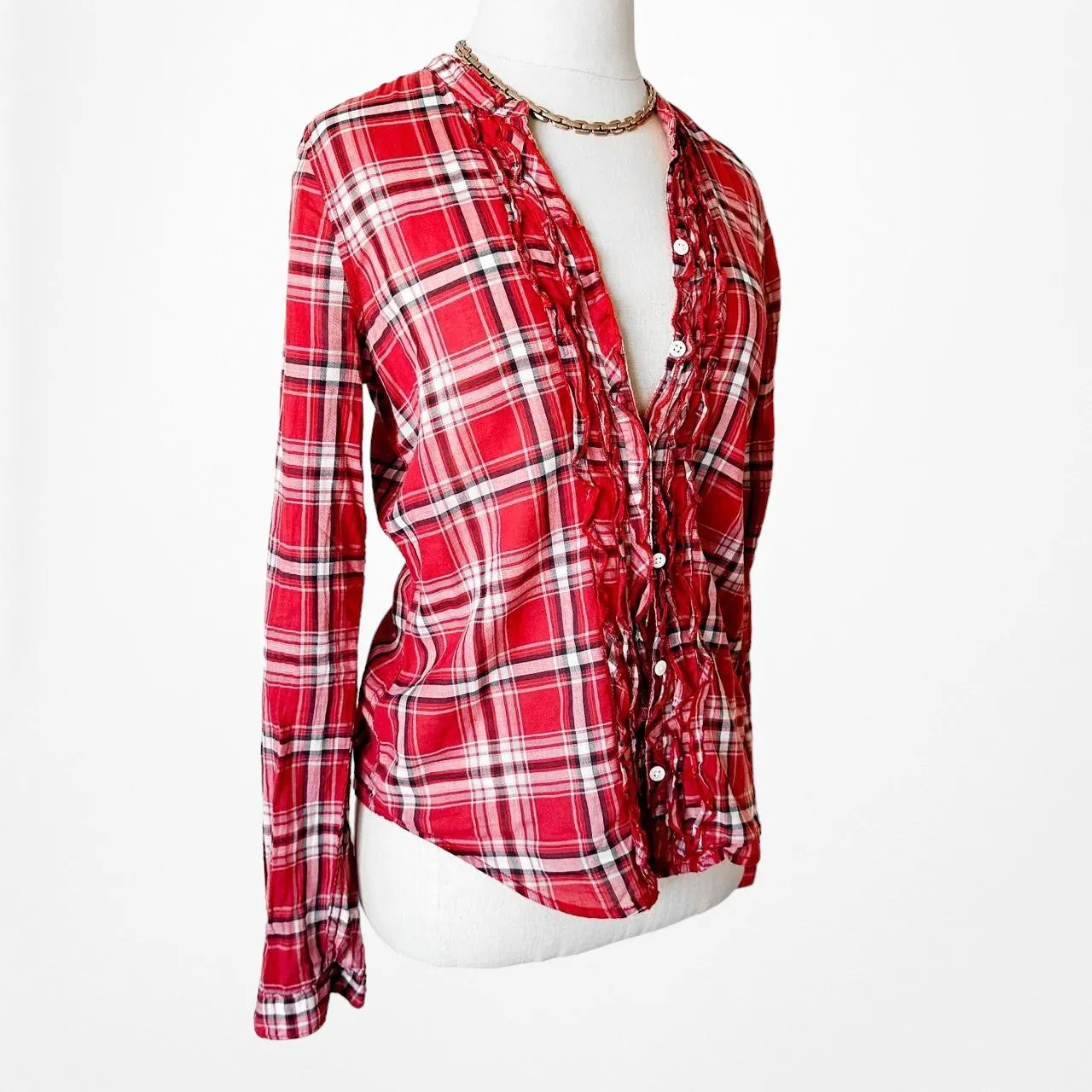 Abercrombie Red White Ruffle Button Down Plaid Shirt Blouse Top Size XS
