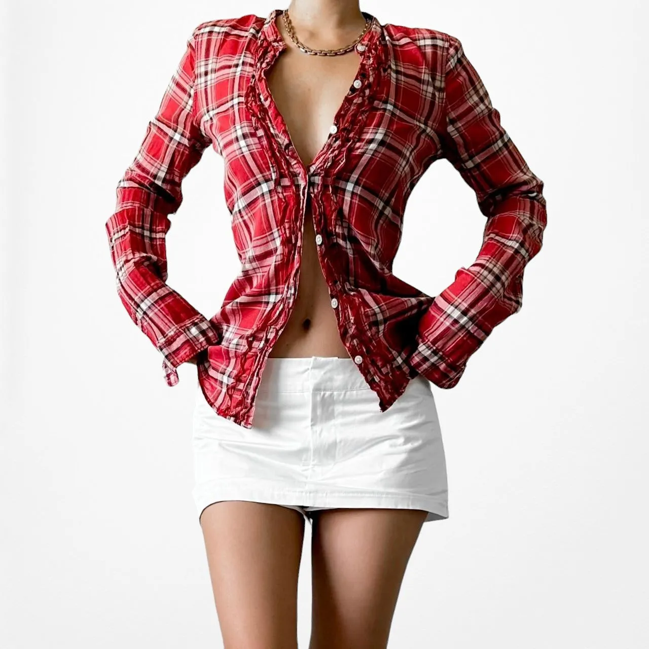 Abercrombie Red White Ruffle Button Down Plaid Shirt Blouse Top Size XS