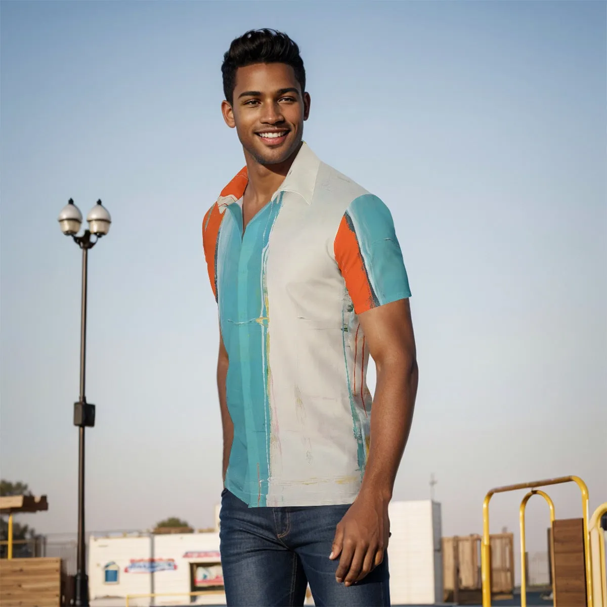 All-Over Print Men's Shirt J 71 orange, teal, and white print