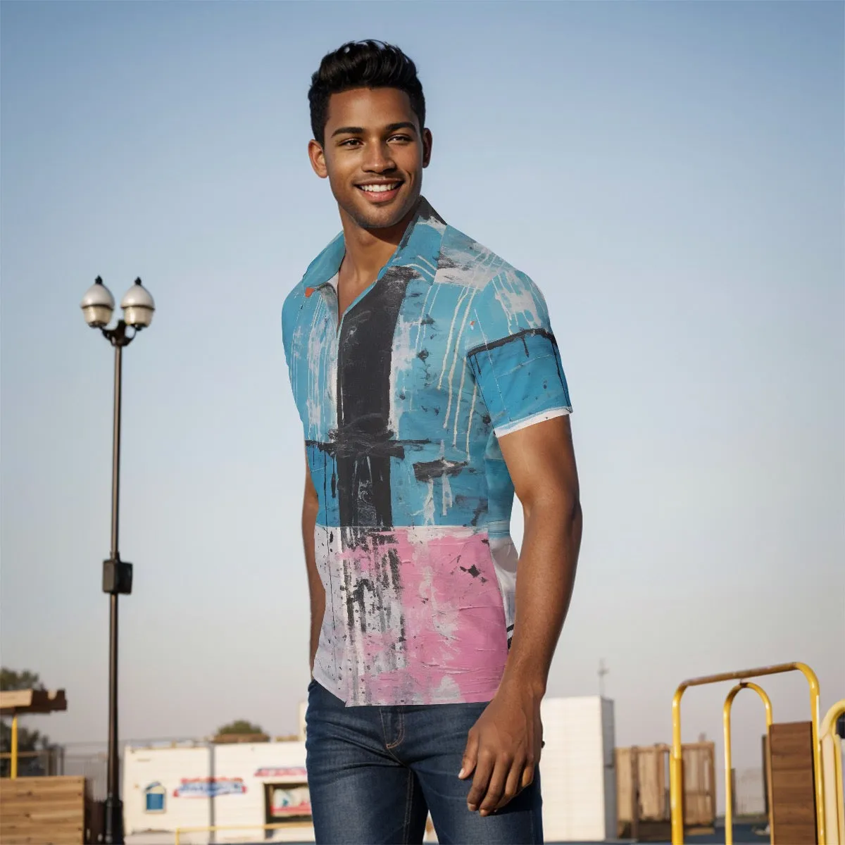 All-Over Print Men's Shirt j8 abstract, blue, white, and pink