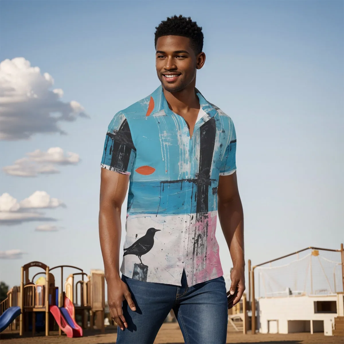All-Over Print Men's Shirt j8 abstract, blue, white, and pink