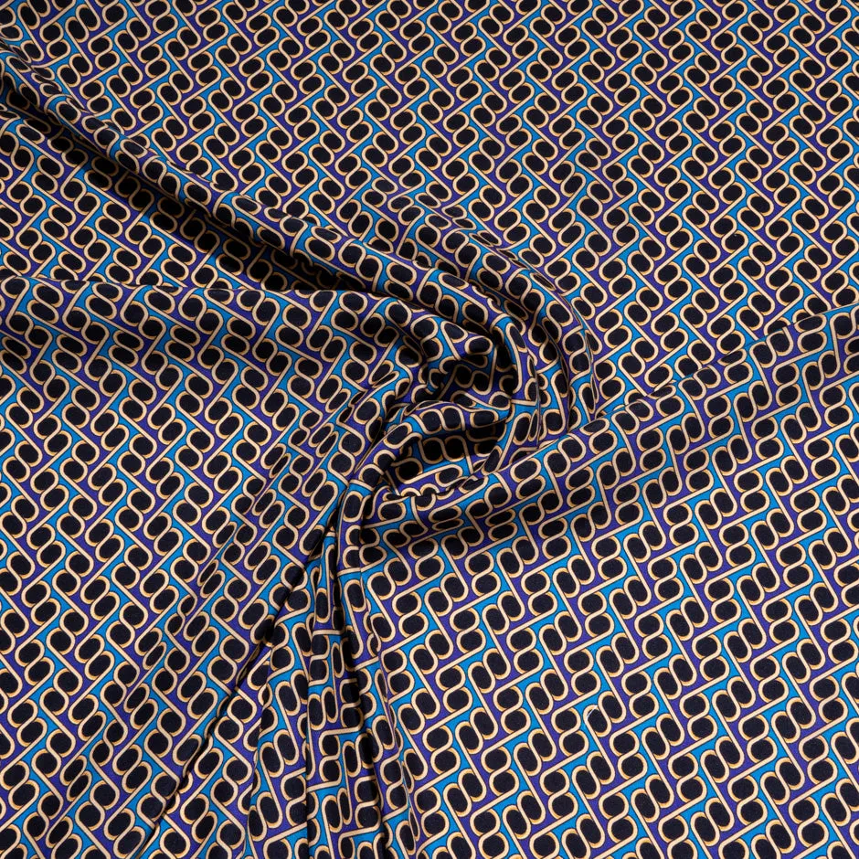 Blue & Black Geometric Printed Silk Satin