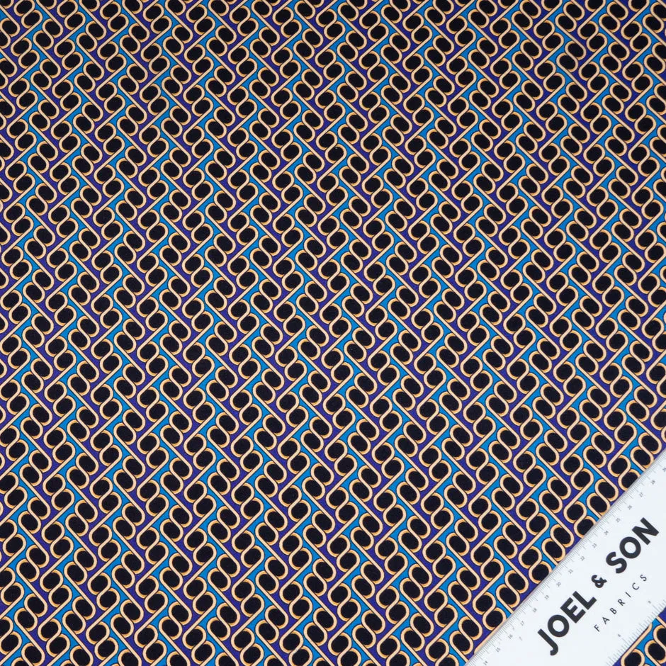 Blue & Black Geometric Printed Silk Satin