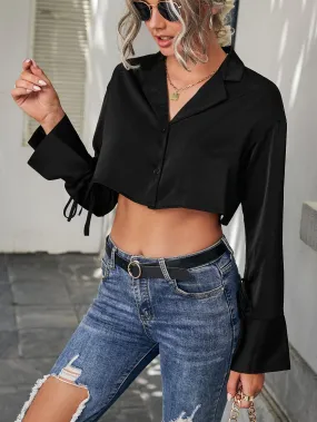 Casual Plain Button Long Sleeve Lapel Crop Women Blazer