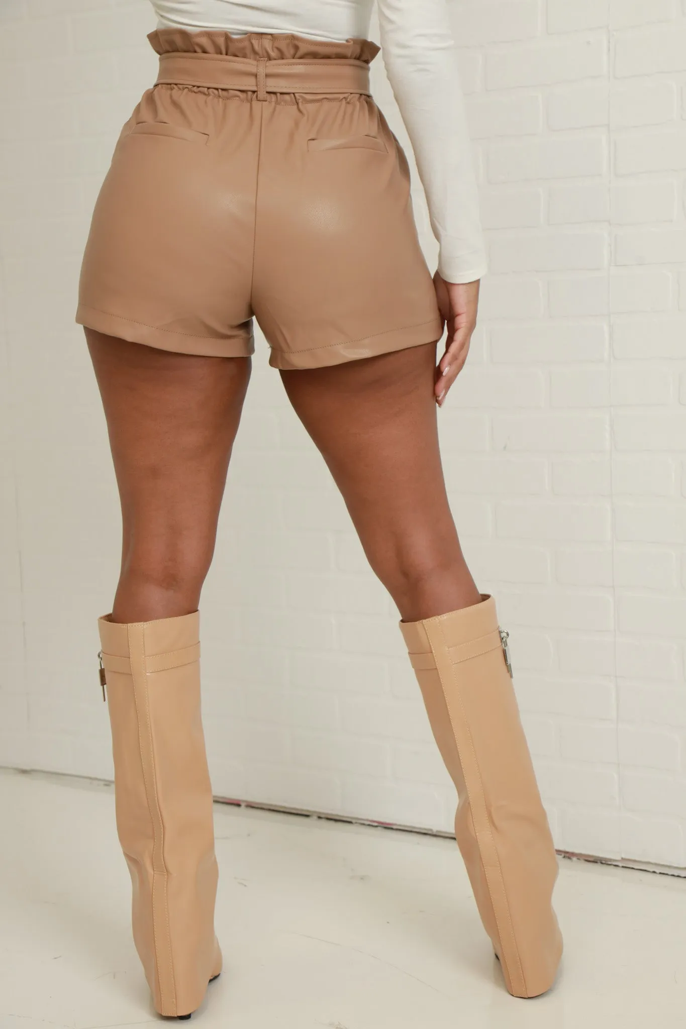 Chaos Theory Faux Leather Ruffle Shorts - Tan