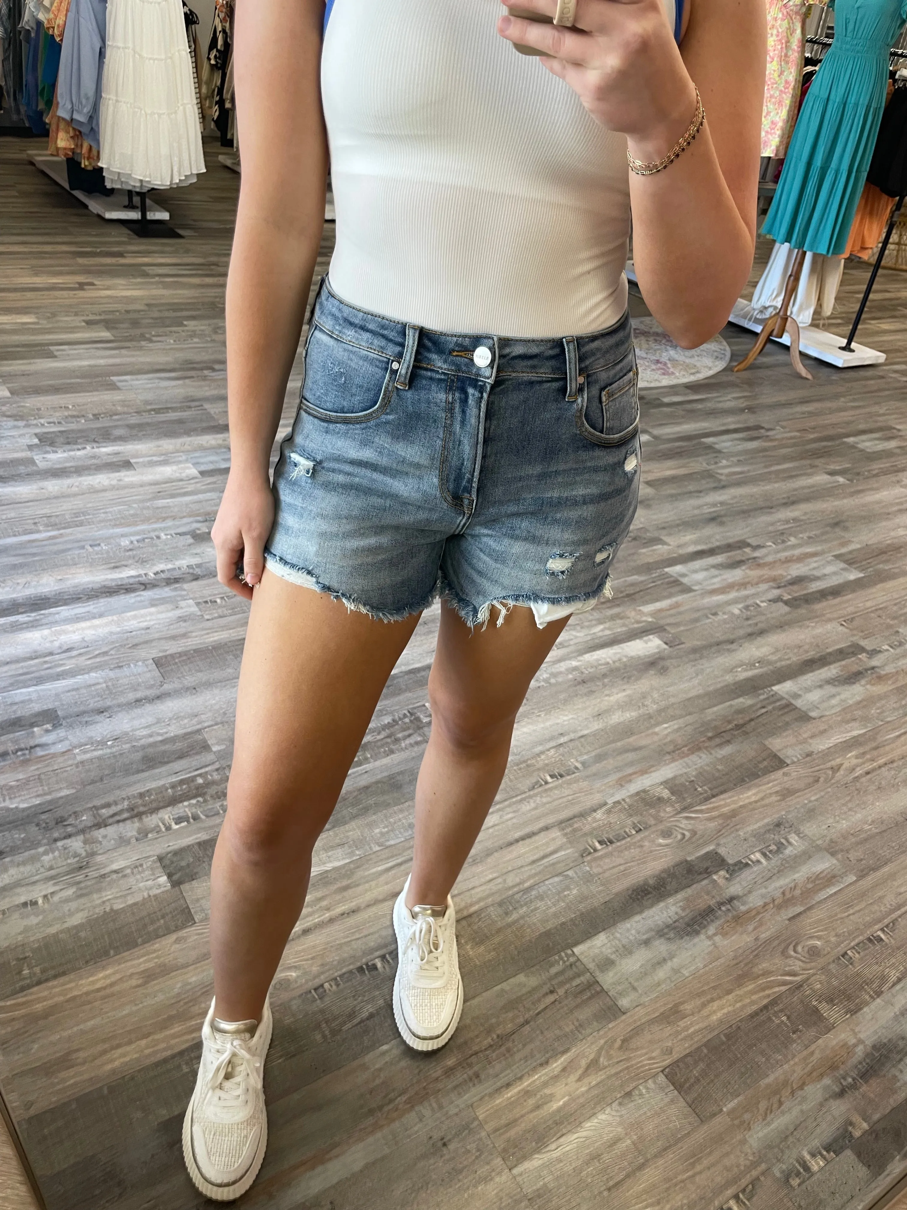 High Rise Distressed Shorts - Light Wash | Risen Jeans