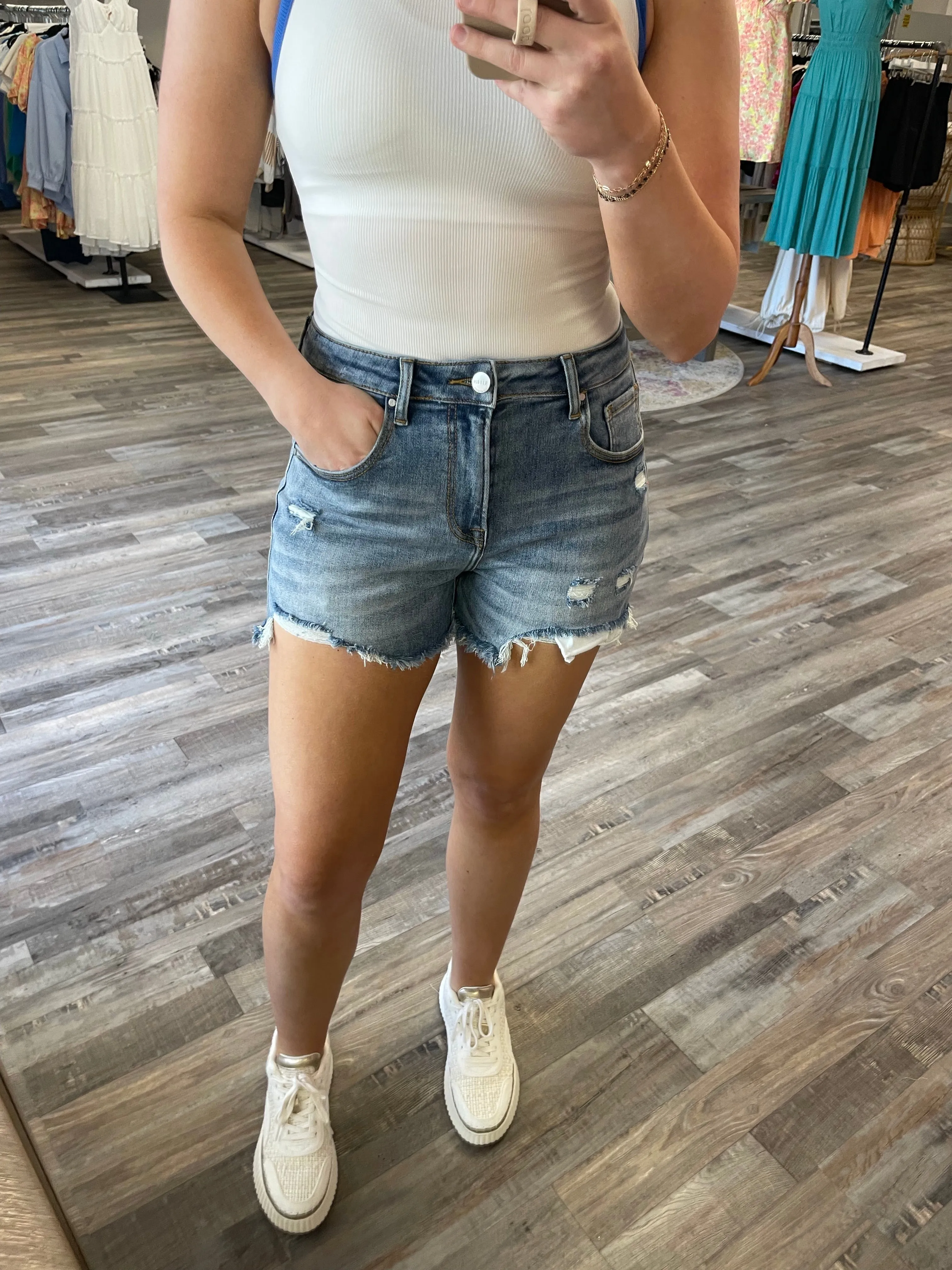 High Rise Distressed Shorts - Light Wash | Risen Jeans