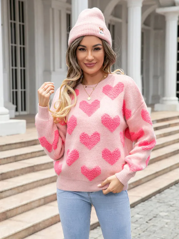 Knitted Fluffy Heart Drop Shoulder Sweater