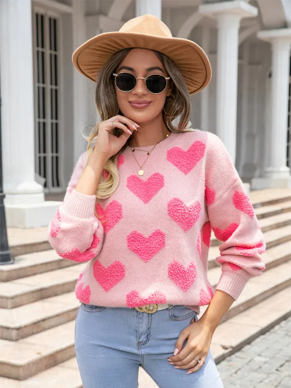 Knitted Fluffy Heart Drop Shoulder Sweater