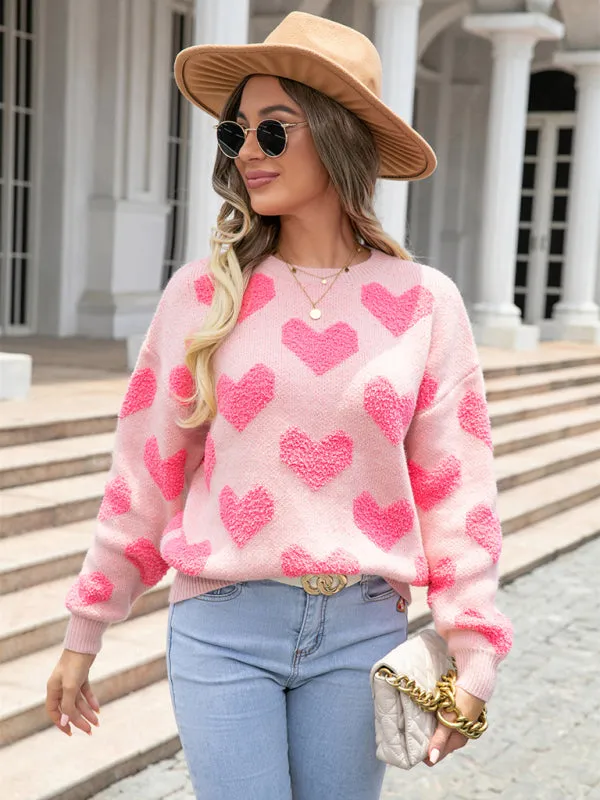 Knitted Fluffy Heart Drop Shoulder Sweater