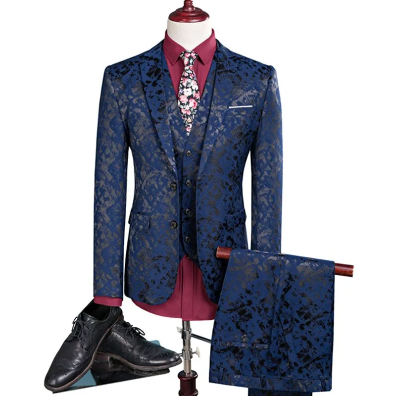 Men Suit  Business Leisure Single Breasted Suits 3 Pieces Sets Male Printing Groom Wedding Dress Jacket Blazers Coat Vest Pants