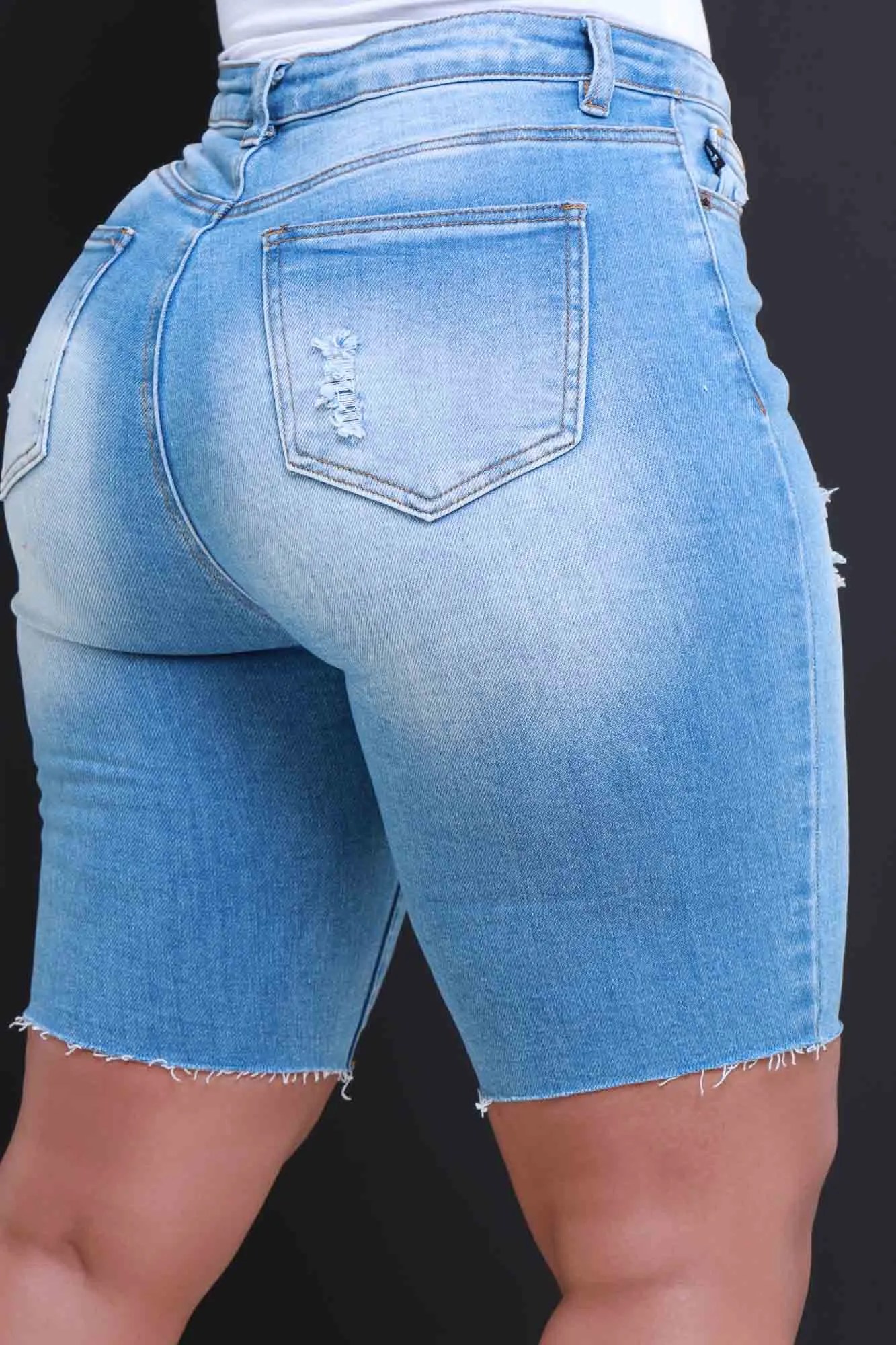 Real Life High Rise Distressed Denim Shorts - Medium Wash