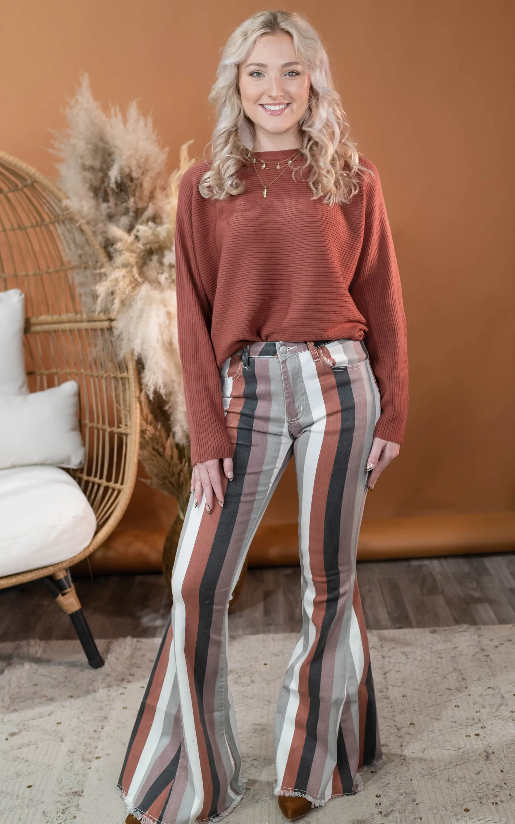 Ribbed Drop Shoulder Brick Sweater