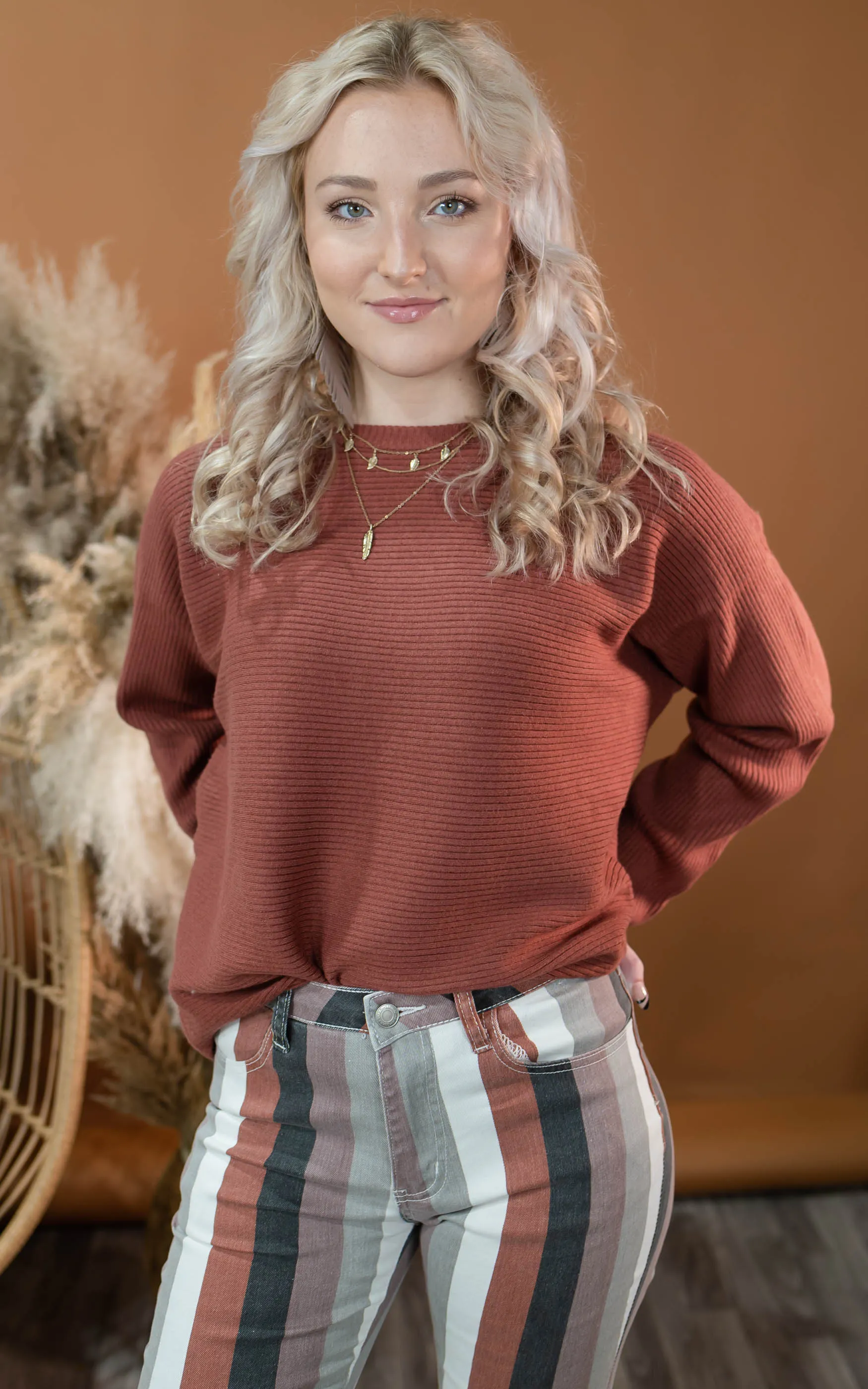 Ribbed Drop Shoulder Brick Sweater