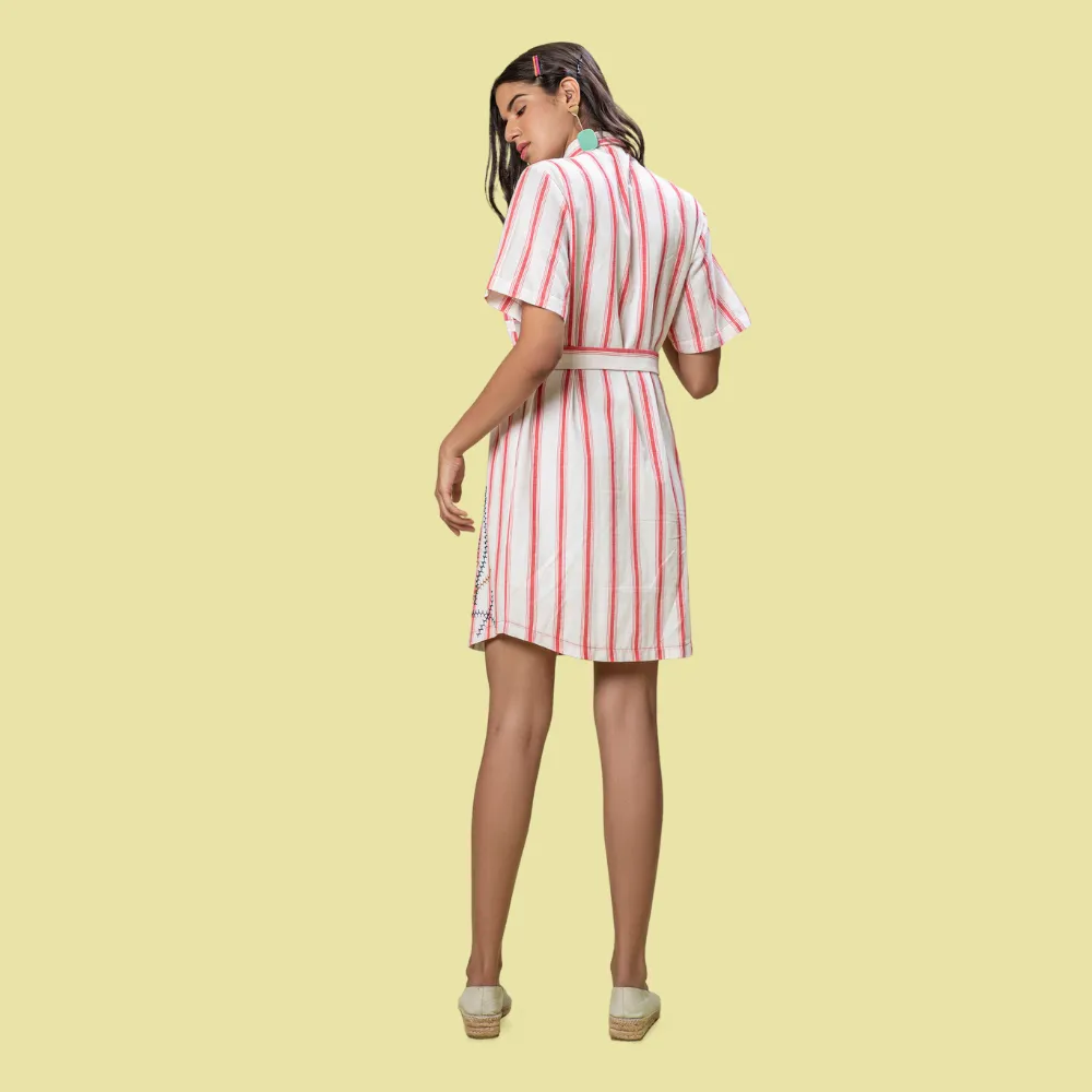 Women Shirt Dress | Breathable Cotton | Smart Casual Look | Pink And White Stripe