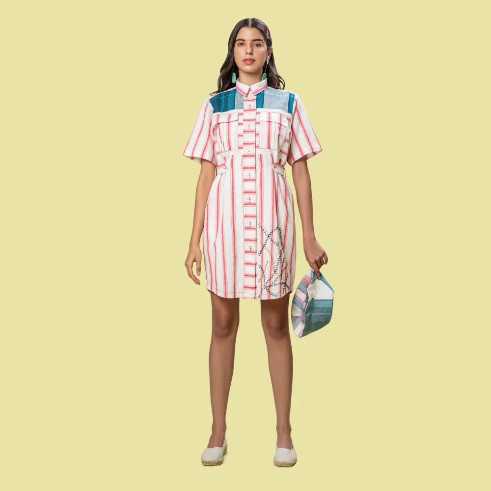 Women Shirt Dress | Breathable Cotton | Smart Casual Look | Pink And White Stripe